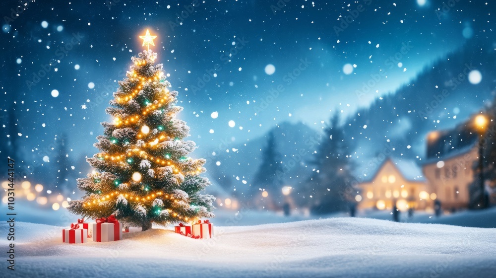 Enchanting Christmas tree in a snowy winter landscape Enchanting Christmas tree in a snowy winter landscape