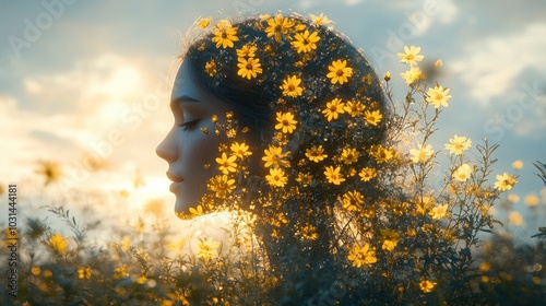A serene profile of a woman surrounded by blooming flowers.