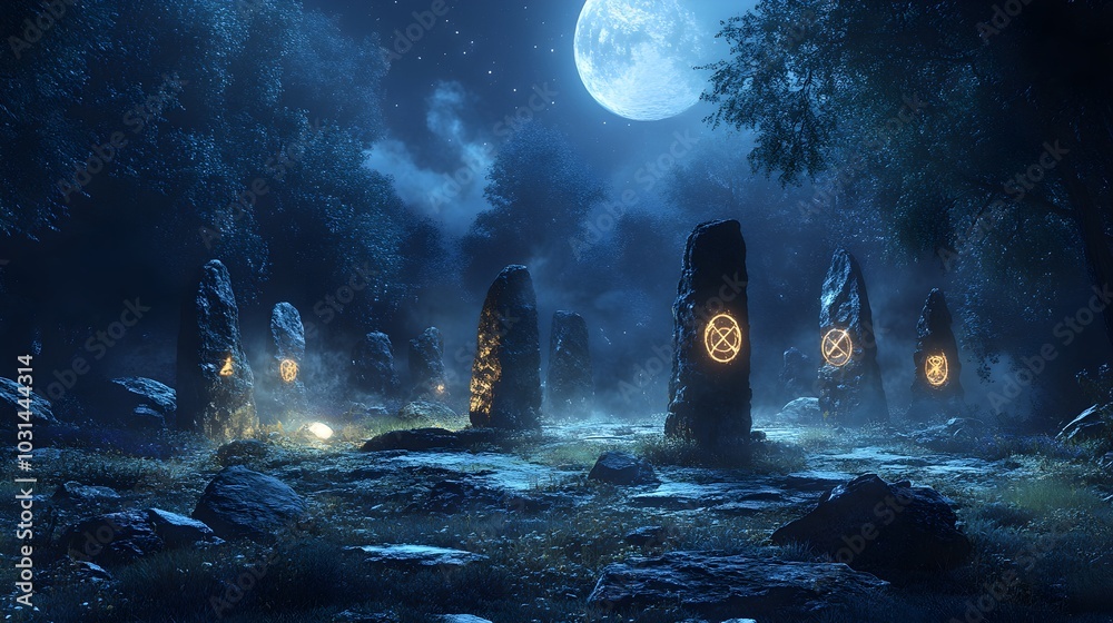 A dark, mystical scene of a stone circle used for offerings, surrounded by dense trees, with ritual symbols glowing faintly on the stones under a full moon A dark, mystical scene of a stone circle used for offerings, surrounded by dense trees, with ritual symbols glowing faintly on the stones under a full moon