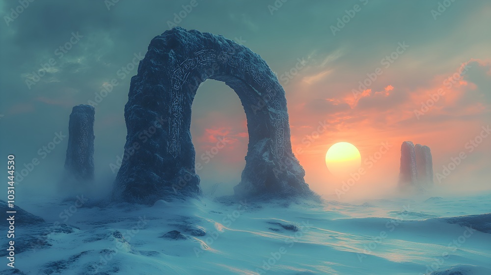 A detailed ancient stone circle covered in cryptic runes, half-buried in snow, faint magical energy humming in the air as the sun sets in the distance A detailed ancient stone circle covered in cryptic runes, half-buried in snow, faint magical energy humming in the air as the sun sets in the distance