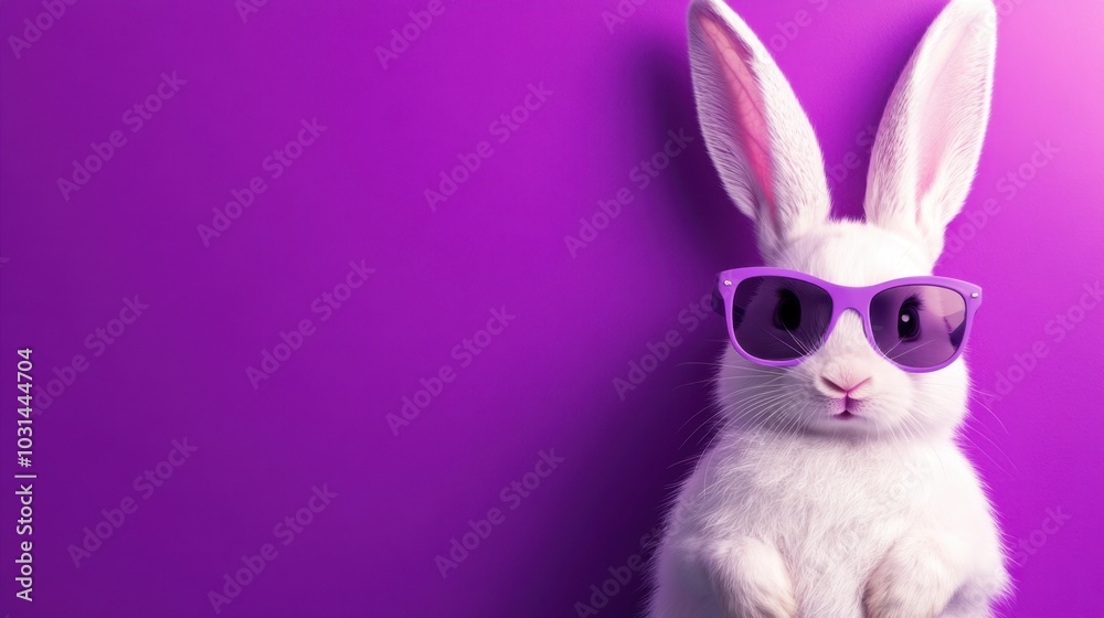 Fototapeta premium Happy Easter bunny in stylish sunglasses, striking a playful pose on a bright purple backdrop.