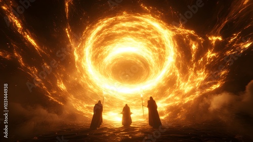 A dramatic scene of a wizard council in an ancient stone tower, their glowing staffs releasing energy that intertwines above them, creating a mystical vortex of power photo