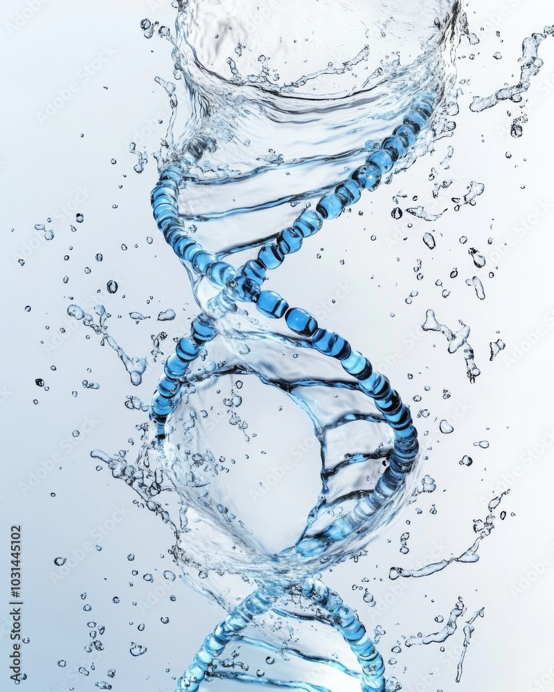 Dynamic DNA Strands Floating in Blue Water With Energetic Wave-Like Effect, Light Background, Small Water Droplets, Creative Illustration. Dynamic DNA Strands Floating in Blue Water With Energetic Wave-Like Effect, Light Background, Small Water Droplets, Creative Illustration.