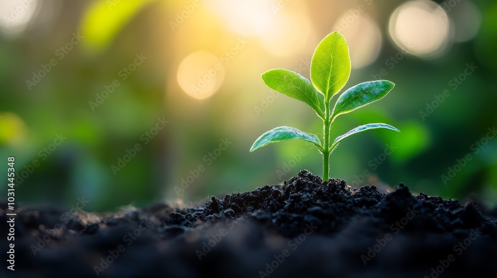 Green Sprout Growing in Soil with Sunlight Background Green Sprout Growing in Soil with Sunlight Background