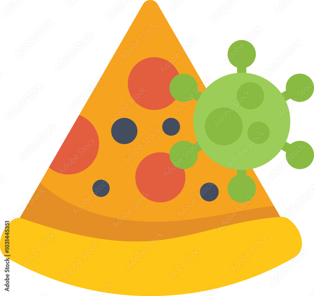 Virus sitting on a slice of pizza representing food poisoning and the importance of food safety Virus sitting on a slice of pizza representing food poisoning and the importance of food safety