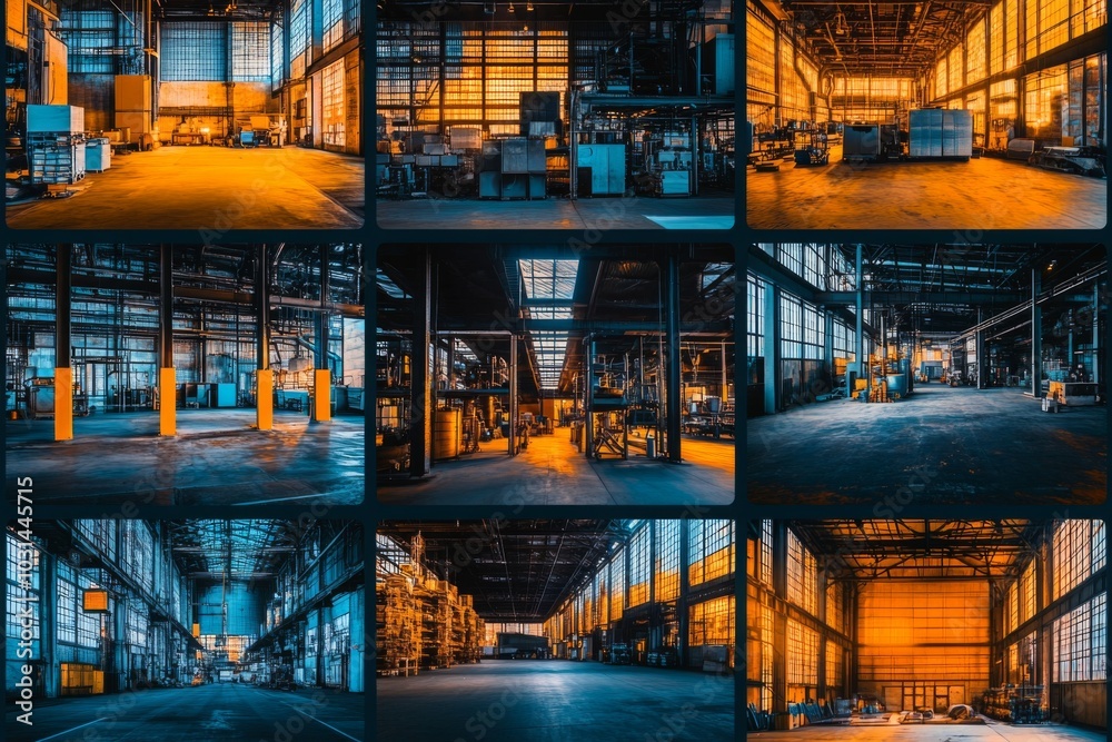 Industrial collage composed of nine grid-like photographs showcasing various aspects of a space. Industrial collage composed of nine grid-like photographs showcasing various aspects of a space.