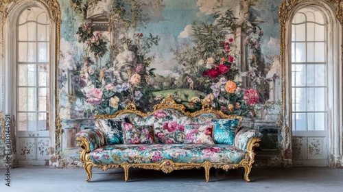 Interior room with vintage baroque floral wallpaper, combining opulent floral patterns with refined design.