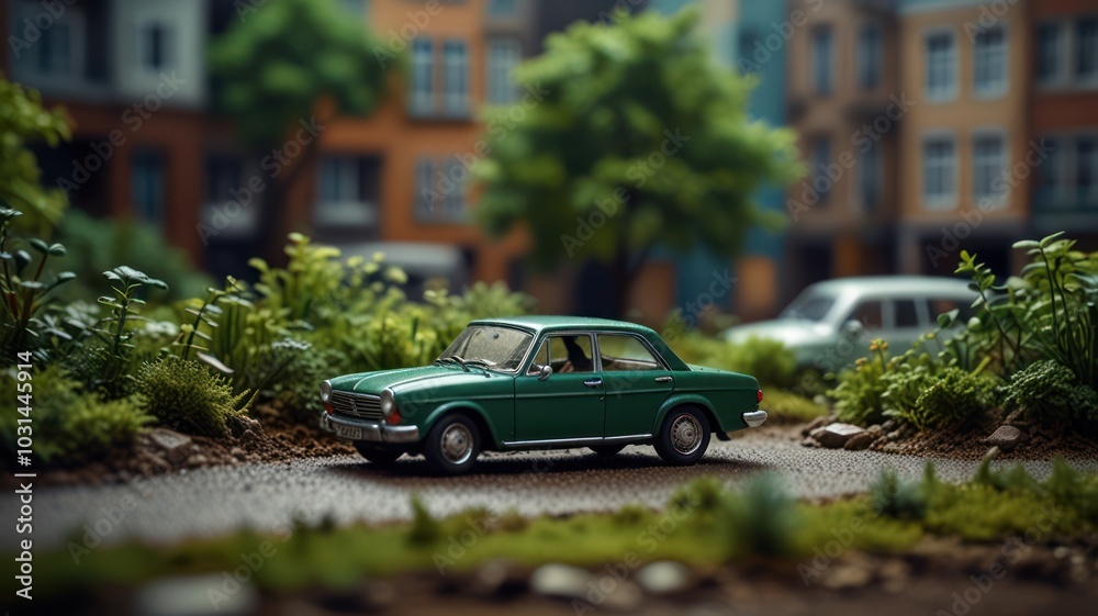 Fototapeta premium A green miniature car drives on a miniature road in a city model.