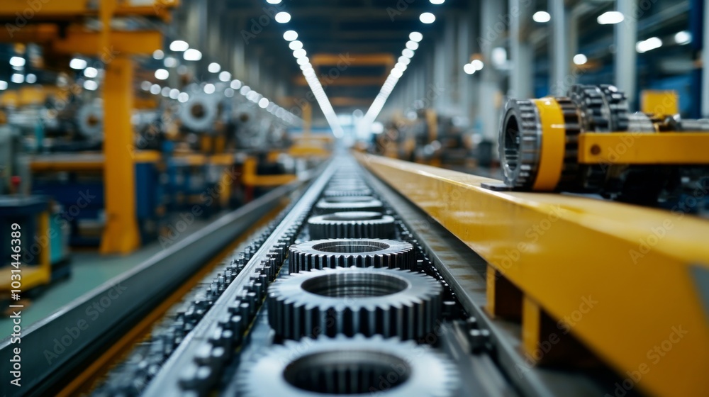 Industrial Gears on Conveyor Belt in Factory Setting with Blurred Background and Yellow Frame - Machinery Equipment Theme Industrial Gears on Conveyor Belt in Factory Setting with Blurred Background and Yellow Frame - Machinery Equipment Theme