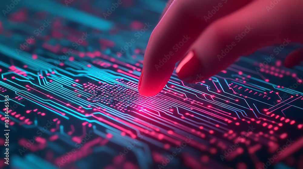 Naklejka premium Futuristic hand touching circuit board