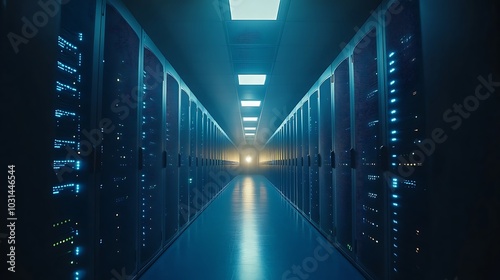 A futuristic data center with holographic connections flowing between rows of servers, casting a soft glow in the dark space.