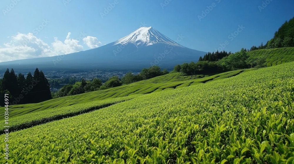 Lush green tea fields stretching out with Mount Fuji towering in the background, blending the beauty of nature and agriculture. Lush green tea fields stretching out with Mount Fuji towering in the background, blending the beauty of nature and agriculture.