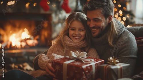 Joyful father and daughter sharing a cozy Christmas moment