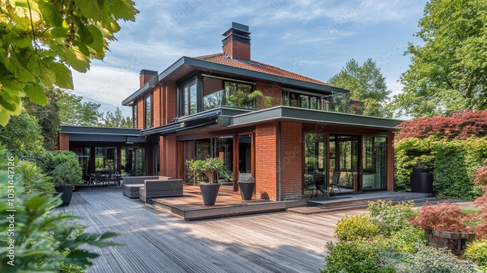 Luxurious house with a stylish wooden terrace, leading into a beautifully landscaped garden under the warm sun. Luxurious house with a stylish wooden terrace, leading into a beautifully landscaped garden under the warm sun.