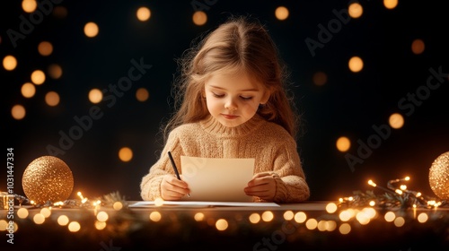 Young girl writing a letter by warm holiday lights photo