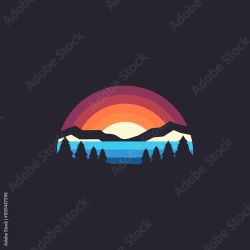 Lake water pine forest with sunrise sunset mountain landscape logo vector