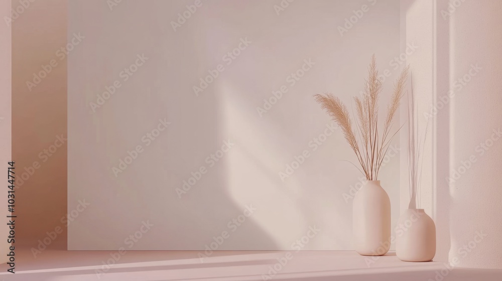 Minimalist modern interior design with a blank mockup wall, featuring tasteful decorations and soft, neutral tones. Minimalist modern interior design with a blank mockup wall, featuring tasteful decorations and soft, neutral tones.