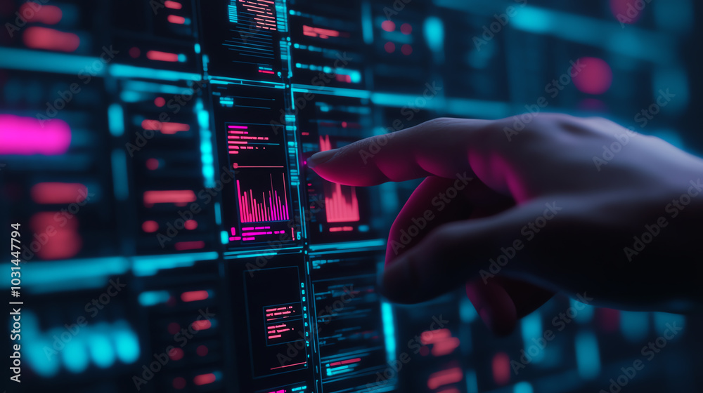 Hand interacting with digital data interface Hand interacting with digital data interface