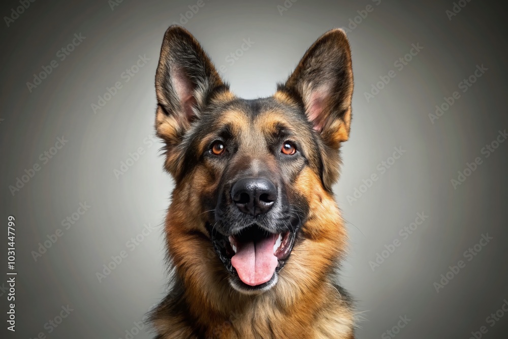 Happy German Shepherd Puppy Silhouette Smiling on Grey White Background for Pet Lovers Happy German Shepherd Puppy Silhouette Smiling on Grey White Background for Pet Lovers