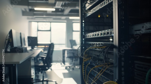 Technician in modern office maintaining network server, surrounded by cables and routers, showcasing focus and professionalism in IT infrastructure management.