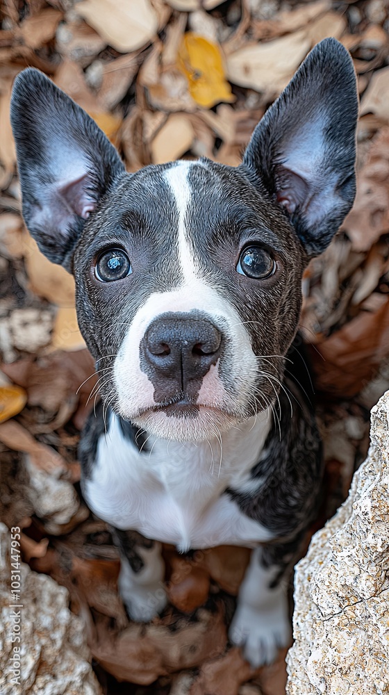 Adorable Puppy with Big Eyes Among Fall Leaves