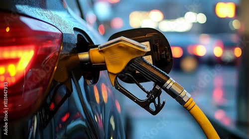 Close-up of yellow and black car fuel nozzle at gas station, with red taillight and busy street background. Tail light in focus.