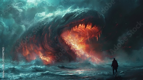 A Man Faces a Fiery Monster in a Stormy Sea photo