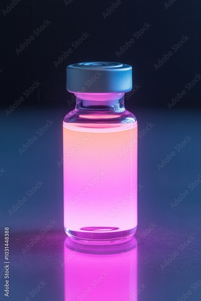 A glass vial containing a glowing pink liquid, illuminated against a dark background, suggesting a scientific or medicinal theme. A glass vial containing a glowing pink liquid, illuminated against a dark background, suggesting a scientific or medicinal theme.