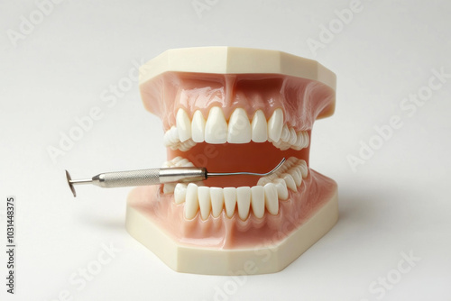 Model teeth being examined with dental tool.