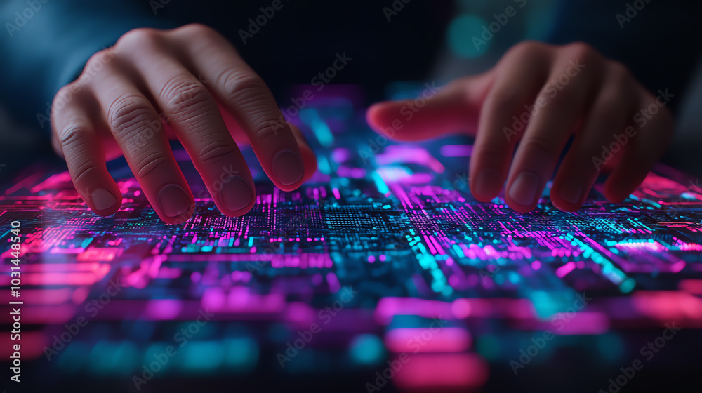 Naklejka premium Hands typing on a glowing circuit board.