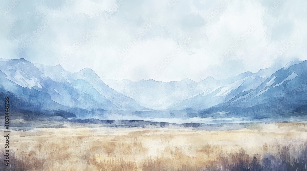 Obraz premium Panoramic view of a mountain landscape in watercolor, showcasing misty peaks and a vast horizon with delicate hues.