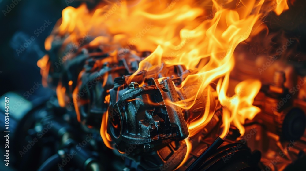A close up of a car engine with the cylinders on fire A close up of a car engine with the cylinders on fire