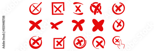 Collection of red X mark icons in various styles and designs, symbolizing errors, cancellations, or rejections. Ideal for user interface design, alerts, and feedback.