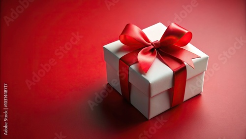 Asymmetrical white gift box with red ribbon isolated on red background