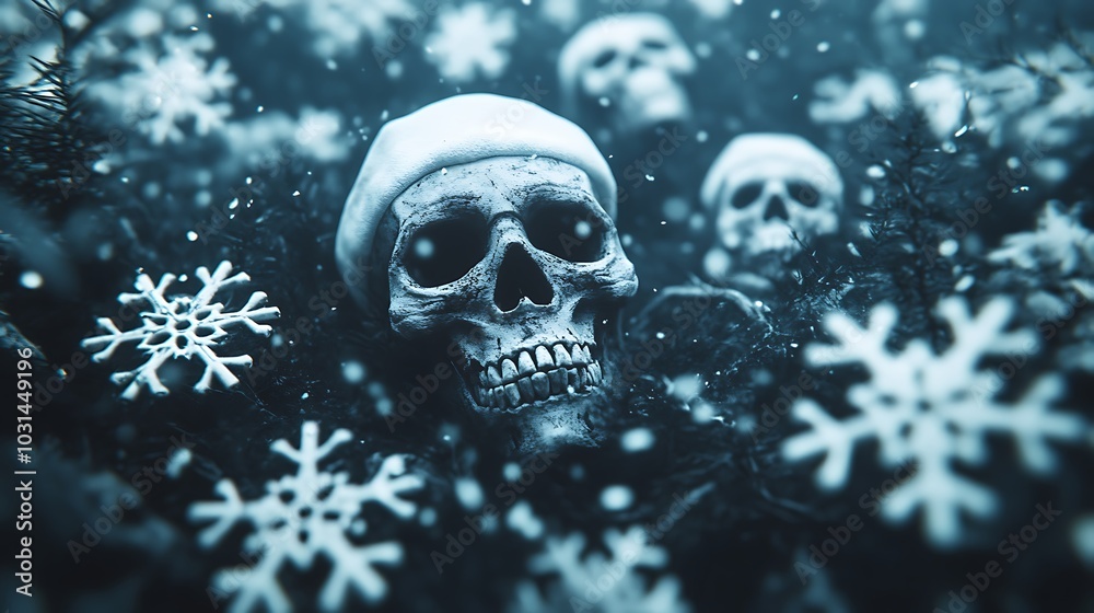 Fototapeta premium Snowflakes and Bones in a Dark Winter Scene