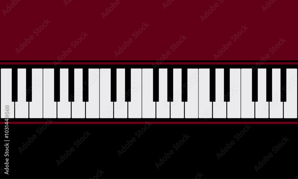 Top view of black and white piano keyboard in flat vector design on burgundy and black background Top view of black and white piano keyboard in flat vector design on burgundy and black background