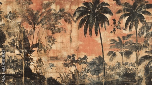Fototapeta Naklejka Na Ścianę i Meble -  Retro jungle landscape wallpaper with faded botanical designs, offering a classic yet lush vintage aesthetic.