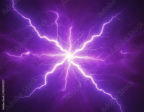 Purple Lightning bolt strike set. Isolated on black background. Zeus, God, Jupiter, Thor, mythology concepts. Shock and energy glow. Fractal light burst flair, thunder electricity 