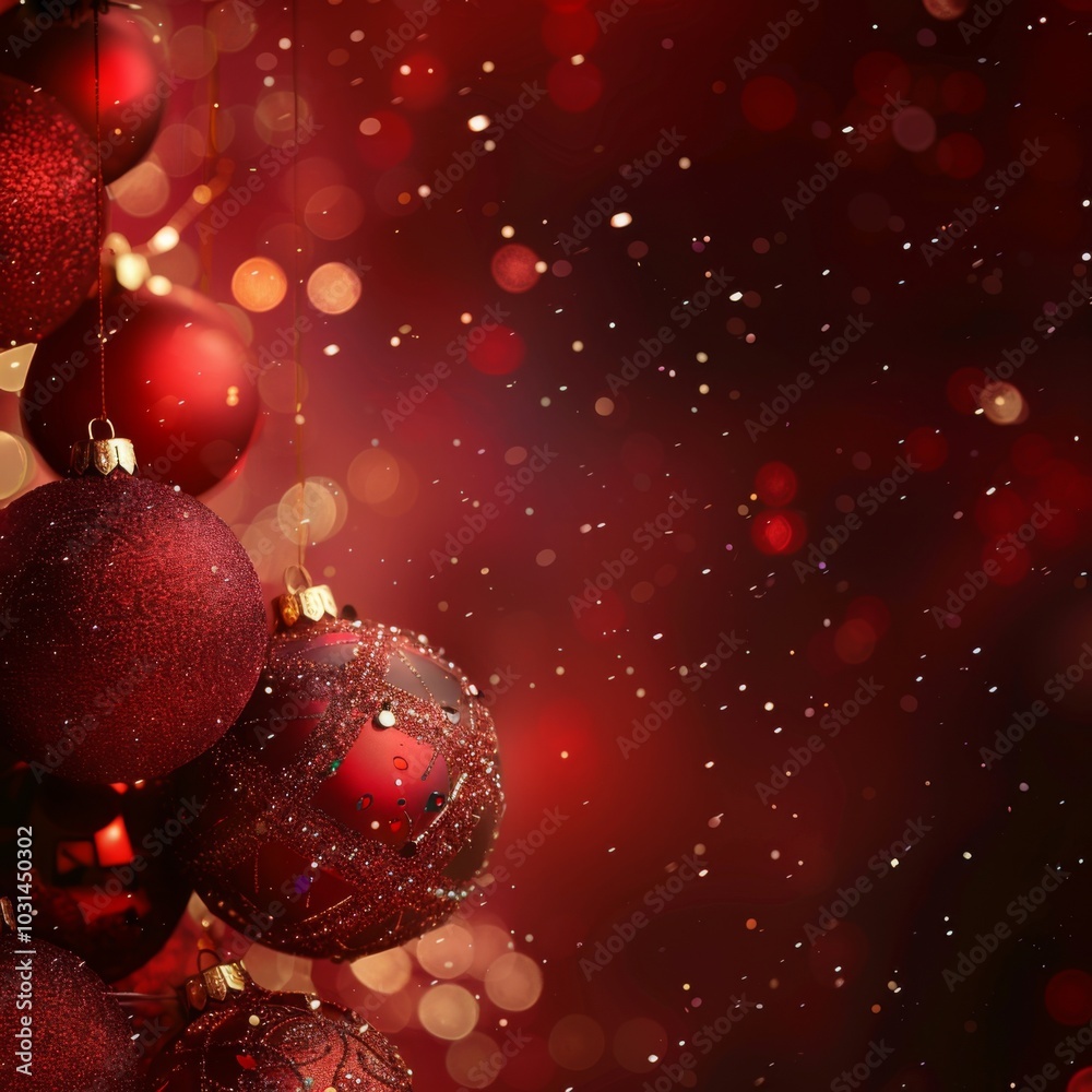 Red Christmas Ornaments Hanging Against a Glittery Background Red Christmas Ornaments Hanging Against a Glittery Background