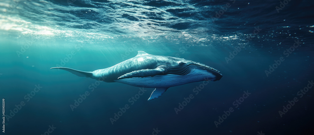 Obraz premium Blue whale swimming in the middle of the blue ocean seen from the side