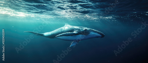 Blue whale swimming in the middle of the blue ocean seen from the side