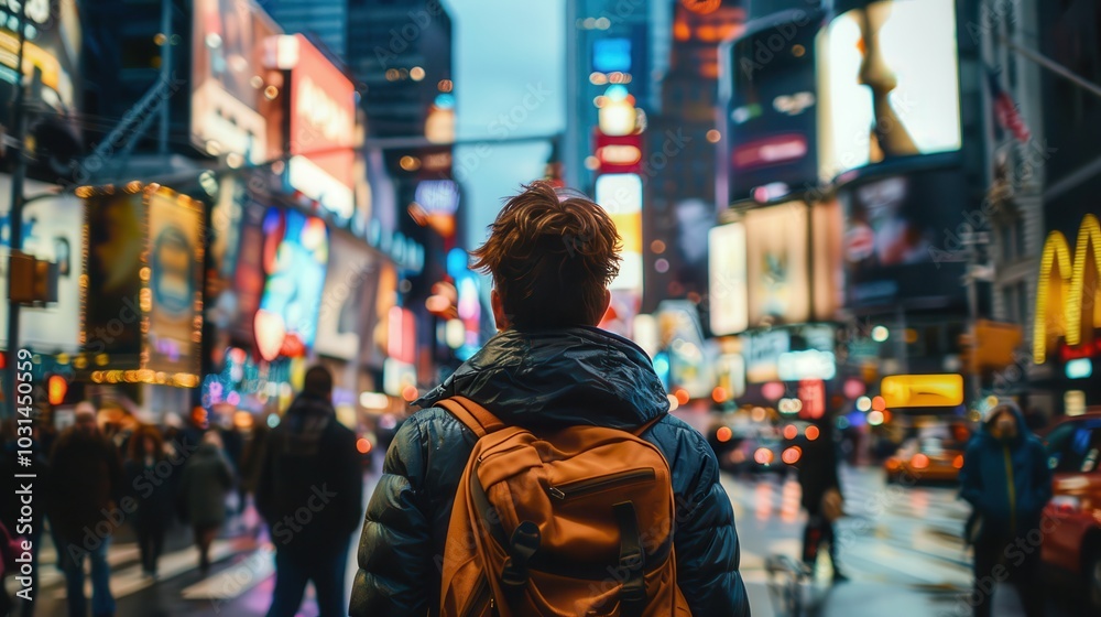 A man wearing a backpack is walking down a busy city street A man wearing a backpack is walking down a busy city street