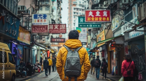 A man in a yellow jacket is walking down a busy street with many people