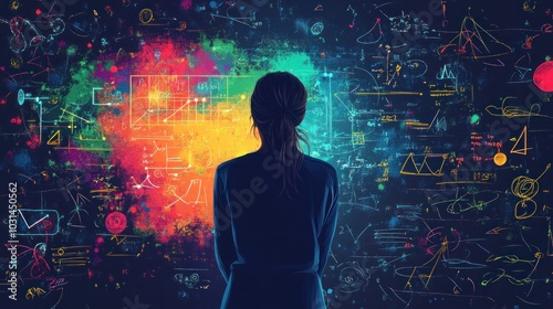 A woman stands before a colorful background filled with colorful scribbles and abstract shapes, suggesting a creative or problem-solving mind.