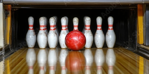 Set of Bowling Pins and Red Bowling Ball Ready for a Strike, Perfectly Arranged for an Exciting Bowling Game Experience in a Bowling Alley Setting.