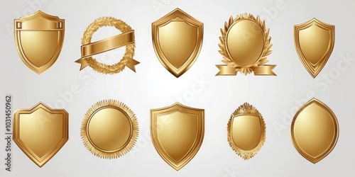 Set of Elegant Golden Badges, Shields, and Ribbons for Awards and Achievements, Perfect for Design Projects, Competitions, and Recognition Themes in Various Settings.