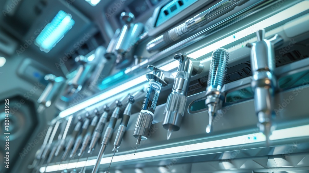 A row of medical instruments are displayed on a shelf A row of medical instruments are displayed on a shelf