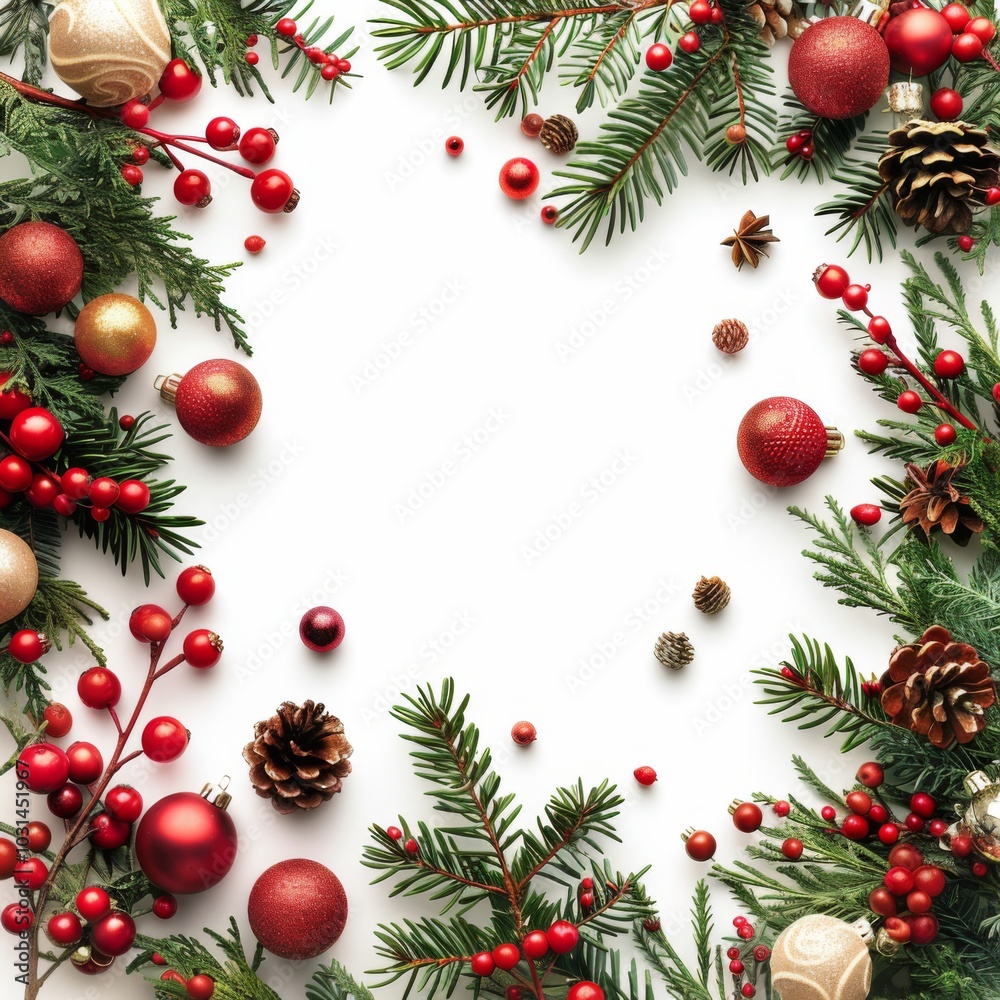 Christmas Ornament and Evergreen Border on White Background Christmas Ornament and Evergreen Border on White Background