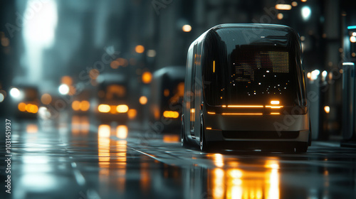 fleet of self driving electric delivery vans is seen on rainy urban street, illuminated by city lights reflecting off wet pavement, creating futuristic atmosphere