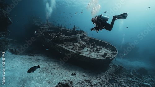 Scuba diver exploring old wreck in deep blue ocean with fish, debris, and camera, evoking a mood of decay.